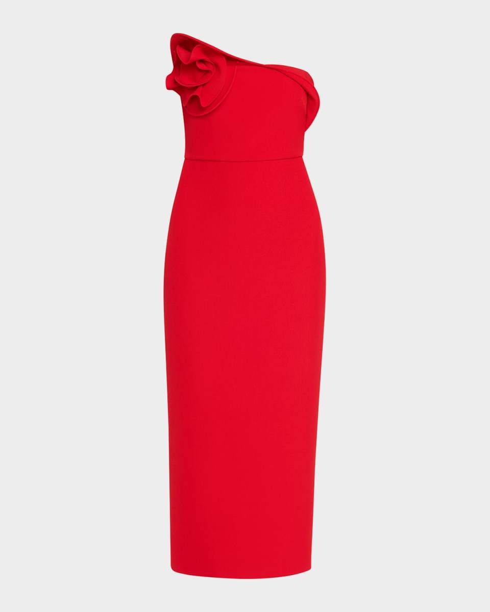 Strapless Flower Drape Crepe Midi Dress